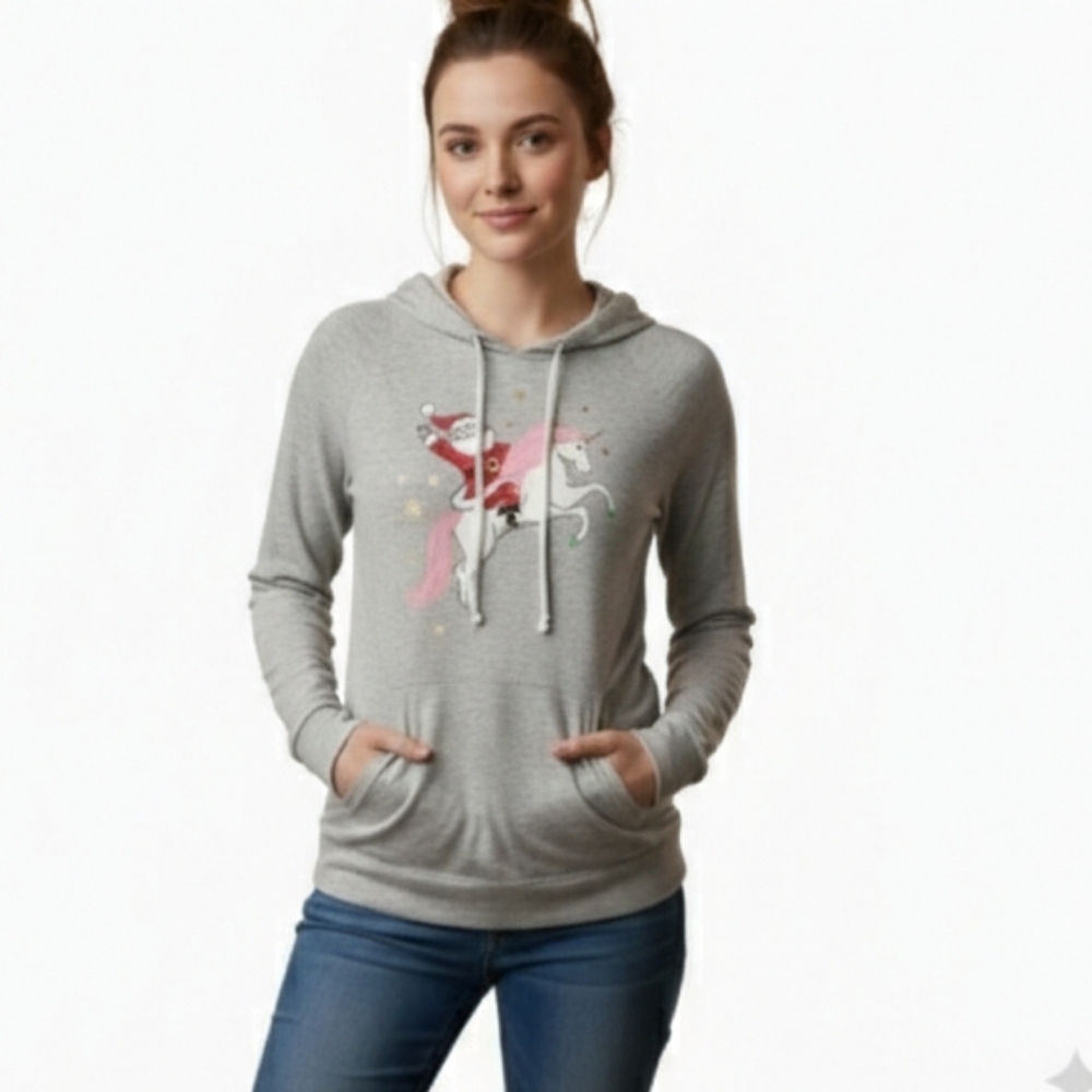 No Boundaries Gray Women's Unicorn Hoodie Christmas Santa XXL